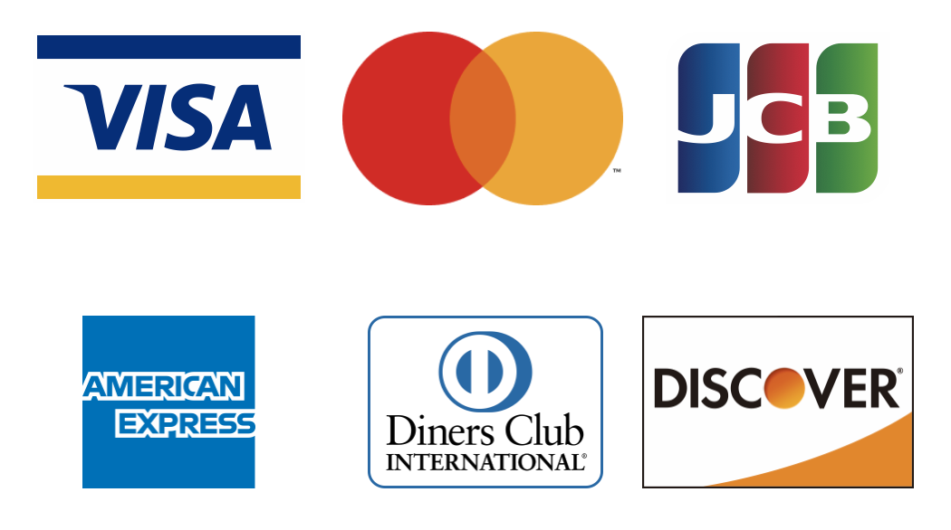 VISA、MasterCard、JCB、AMERICAN EXPRESS、Diners Club International、DISCOVER